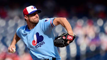 WASHINGTON, DC - JULY 06: Max Scherzer #31 of the Washington Nationals pitches in the second inning against the Kansas City Royals at Nationals Park on July 6, 2019 in Washington, DC. The Nationals are paying tribute to the Montreal Expos by wearing retro jerseys. (Photo by Patrick McDermott/Getty Images)