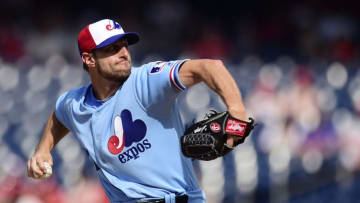 WASHINGTON, DC - JULY 06: Max Scherzer #31 of the Washington Nationals pitches in the second inning against the Kansas City Royals at Nationals Park on July 6, 2019 in Washington, DC. The Nationals are paying tribute to the Montreal Expos by wearing retro jerseys. (Photo by Patrick McDermott/Getty Images)