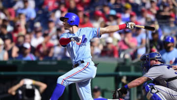 WASHINGTON, DC - JULY 06: Trea Turner #7 of the Washington Nationals hits a single in the second inning against the Kansas City Royals at Nationals Park on July 6, 2019 in Washington, DC. The Nationals are paying tribute to the Montreal Expos by wearing retro jerseys. (Photo by Patrick McDermott/Getty Images)