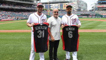 WASHINGTON, DC - JULY 07: Max Scherzer #31 and Anthony Rendon #6 of the Washington Nationals pose with General Manager Mike Rizzo after getting their All-Star jerseys before the game against the Kansas City Royals at Nationals Park on July 7, 2019 in Washington, DC. (Photo by Greg Fiume/Getty Images)