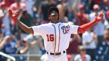 WASHINGTON, DC - JULY 07: Victor Robles #16 of the Washington Nationals celebrates after hitting a home run in the seventh inning against the Kansas City Royals at Nationals Park on July 7, 2019 in Washington, DC. (Photo by Greg Fiume/Getty Images)
