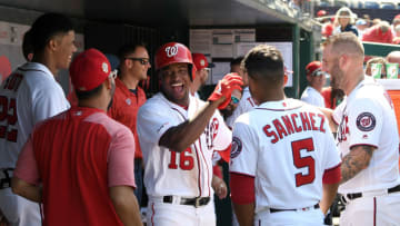 WASHINGTON, DC - JULY 07: Victor Robles #16 of the Washington Nationals celebrates with teammates after hitting a home run in the seventh inning against the Kansas City Royals at Nationals Park on July 7, 2019 in Washington, DC. (Photo by Greg Fiume/Getty Images)
