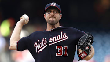WASHINGTON, DC - JUNE 19: Starting pitcher Max Scherzer #31 of the Washington Nationals works the first inning against the Philadelphia Phillies in game two of a double header at Nationals Park on June 19, 2019 in Washington, DC. (Photo by Patrick Smith/Getty Images)