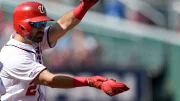 WASHINGTON, DC - JULY 27: Adam Eaton #2 of the Washington Nationals celebrates after hitting a triple in the first inning against the Los Angeles Dodgers at Nationals Park on July 27, 2019 in Washington, DC. (Photo by Greg Fiume/Getty Images)