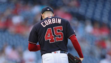 WASHINGTON, DC - JULY 02: Starting pitcher Patrick Corbin #45 of the Washington Nationals looks on in the first inning against the Miami Marlins at Nationals Park on July 02, 2019 in Washington, DC. Corbin was wearing #45 in memory of pitcher Tyler Skaggs of the Los Angeles Angels who was found dead on July 1, 2019. (Photo by Patrick Smith/Getty Images)