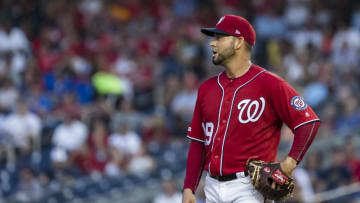 WASHINGTON, DC - AUGUST 17: Anibal Sanchez #19 of the Washington Nationals looks on from the pitchers mound against the Milwaukee Brewers during the third inning at Nationals Park on August 17, 2019 in Washington, DC. (Photo by Scott Taetsch/Getty Images)