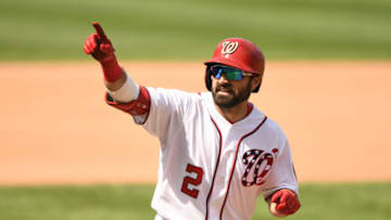 WASHINGTON, DC - AUGUST 18: Adam Eaton #2 of the Washington Nationals celebrates a solo home run in the fifth inning during a baseball game against the Milwaukee Brewers at Nationals Park on August 18, 2019 in Washington, DC. (Photo by Mitchell Layton/Getty Images)