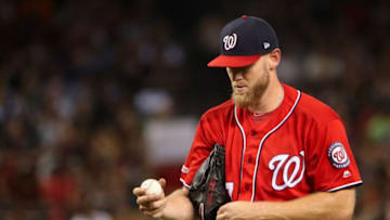PHOENIX, ARIZONA - AUGUST 03: Starting pitcher Stephen Strasburg #37 of the Washington Nationals reacts as he pitches during the third inning of the MLB game against the Arizona Diamondbacks at Chase Field on August 03, 2019 in Phoenix, Arizona. (Photo by Christian Petersen/Getty Images)