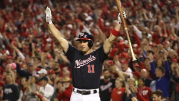 WASHINGTON, DC - OCTOBER 14: Ryan Zimmerman #11 of the Washington Nationals celebrates a run against the St. Louis Cardinals in game three of the National League Championship Series at Nationals Park on October 14, 2019 in Washington, DC. (Photo by Patrick Smith/Getty Images)