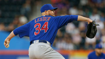 Jon Lester #34 of the Chicago Cubs in action against the New York Mets during the first inning of a game at Citi Field on August 29, 2019 in New York City. (Photo by Rich Schultz/Getty Images)