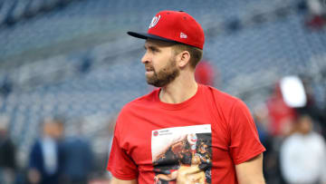 Brian Dozier #9 of the Washington Nationals looks on during batting practice prior to Game Four of the 2019 World Series against the Houston Astros at Nationals Park on October 26, 2019 in Washington, DC. (Photo by Will Newton/Getty Images)