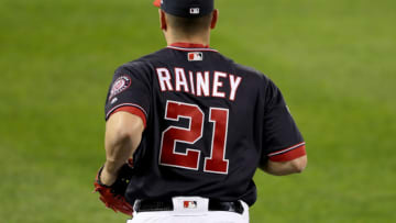 WASHINGTON, DC - OCTOBER 26: Tanner Rainey #21 of the Washington Nationals runs on the field to pitch against the Houston Astros during Game Four of the 2019 World Series at Nationals Park on October 26, 2019 in Washington, DC. (Photo by Will Newton/Getty Images)