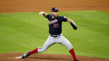 HOUSTON, TEXAS - OCTOBER 29: Stephen Strasburg #37 of the Washington Nationals delivers the pitch against the Houston Astros during the first inning in Game Six of the 2019 World Series at Minute Maid Park on October 29, 2019 in Houston, Texas. (Photo by Bob Levey/Getty Images)