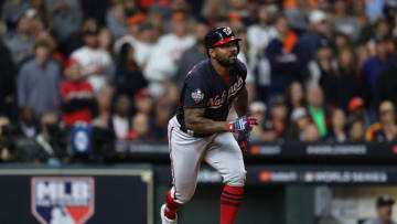 Howie Kendrick #47 of the Washington Nationals hits a two-run home run against the Houston Astros during the seventh inning in Game Seven of the 2019 World Series at Minute Maid Park on October 30, 2019 in Houston, Texas. (Photo by Elsa/Getty Images)