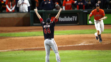 Daniel Hudson #44 of the Washington Nationals celebrates after striking out Michael Brantley #23 of the Houston Astros to win Game Seven 6-2 to win the 2019 World Series in Game Seven of the 2019 World Series at Minute Maid Park on October 30, 2019 in Houston, Texas. (Photo by Tim Warner/Getty Images)