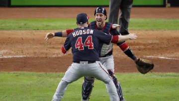 HOUSTON, TEXAS - OCTOBER 30: Daniel Hudson #44 and Yan Gomes #10 of the Washington Nationals celebrate after defeating the Houston Astros 6-2 in Game Seven to win the 2019 World Series in Game Seven of the 2019 World Series at Minute Maid Park on October 30, 2019 in Houston, Texas. (Photo by Tim Warner/Getty Images)