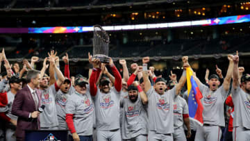 HOUSTON, TEXAS - OCTOBER 30: The Washington Nationals celebrate after defeating the Houston Astros in Game Seven to win the 2019 World Series at Minute Maid Park on October 30, 2019 in Houston, Texas. The Washington Nationals defeated the Houston Astros with a score of 6 to 2. (Photo by Elsa/Getty Images)