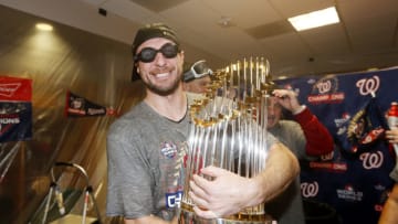 Max Scherzer #31 of the Washington Nationals celebrates in the locker room after defeating the Houston Astros in Game Seven to win the 2019 World Series at Minute Maid Park on October 30, 2019 in Houston, Texas. The Washington Nationals defeated the Houston Astros with a score of 6 to 2. (Photo by Elsa/Getty Images)
