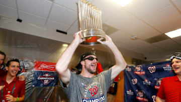 HOUSTON, TEXAS - OCTOBER 30: Max Scherzer #31 of the Washington Nationals celebrates in the locker room after defeating the Houston Astros in Game Seven to win the 2019 World Series at Minute Maid Park on October 30, 2019 in Houston, Texas. The Washington Nationals defeated the Houston Astros with a score of 6 to 2. (Photo by Elsa/Getty Images)