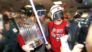 HOUSTON, TEXAS - OCTOBER 30: Sean Doolittle #63 of the Washington Nationals celebrates in the locker room after defeating the Houston Astros in Game Seven to win the 2019 World Series at Minute Maid Park on October 30, 2019 in Houston, Texas. The Washington Nationals defeated the Houston Astros with a score of 6 to 2. (Photo by Elsa/Getty Images)