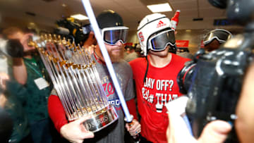 HOUSTON, TEXAS - OCTOBER 30: Sean Doolittle #63 of the Washington Nationals celebrates in the locker room after defeating the Houston Astros in Game Seven to win the 2019 World Series at Minute Maid Park on October 30, 2019 in Houston, Texas. The Washington Nationals defeated the Houston Astros with a score of 6 to 2. (Photo by Elsa/Getty Images)