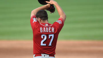Trevor Bauer #27 of the Cincinnati Reds reacts during the game against the Washington Nationals at Nationals Park on August 14, 2019 in Washington, DC. (Photo by G Fiume/Getty Images)