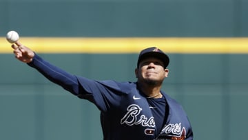 Felix Hernandez #34 of the Atlanta Braves pitches during a Grapefruit League spring training game against the Baltimore Orioles at CoolToday Park on February 22, 2020 in North Port, Florida. The Braves defeated the Orioles 5-0. (Photo by Joe Robbins/Getty Images)