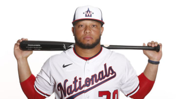 Wellington Castillo #20 of the Washington Nationals poses for a photo during Photo Day at FITTEAM Ballpark of the Palm Beaches on February 21, 2020 in West Palm Beach, Florida. (Photo by Michael Reaves/Getty Images)