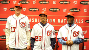 Washington Nationals 2011 Draft picks Alex Meyer #17, Anthony Rendon #23 and Brian Goodwin #24 are introduced to the media at Nationals Park on August 23, 2011 in Washington, DC. (Photo by Greg Fiume/Getty Images)