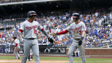 Trea Turner #7 and Juan Soto #22 of the Washington Nationals in action against the New York Mets at Citi Field on August 11, 2019 in New York City. The Nationals defeated the Mets 7-4. (Photo by Jim McIsaac/Getty Images)