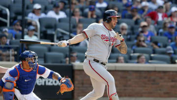 Matt Adams #15 of the Washington Nationals in action against the New York Mets at Citi Field on August 11, 2019 in New York City. The Nationals defeated the Mets 7-4. (Photo by Jim McIsaac/Getty Images)