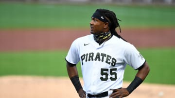 Josh Bell #55 of the Pittsburgh Pirates looks on after the first inning against the Minnesota Twins at PNC Park on August 5, 2020 in Pittsburgh, Pennsylvania. (Photo by Joe Sargent/Getty Images)