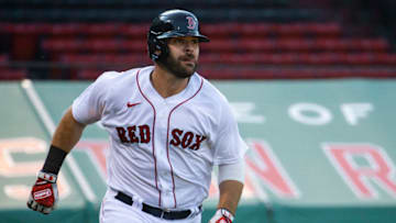 BOSTON, MA - AUGUST 19: Mitch Moreland #18 of the Boston Red Sox reacts after hitting a double during the eighth inning of a game against the Philadelphia Phillies on August 19, 2020 at Fenway Park in Boston, Massachusetts. The 2020 season had been postponed since March due to the COVID-19 pandemic. (Photo by Billie Weiss/Boston Red Sox/Getty Images)