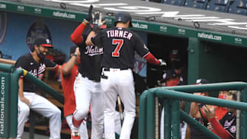 WASHINGTON, DC - AUGUST 21: Trea Turner #7 of the Washington Nationals celebrates a solo home run in the third inning during a baseball game against the Miami Marlins at Nationals Park on August 21, 2020 in Washington, DC. (Photo by Mitchell Layton/Getty Images)