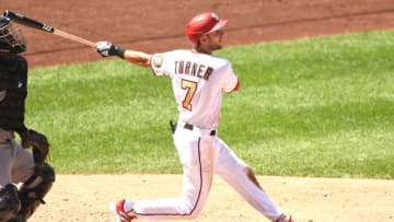WASHINGTON, DC - AUGUST 23: Trea Turner #7 of the Washington Nationals triples in two runs in the sixth inning during a baseball game against the Miami Marlins at Nationals Park on August 23, 2020 in Washington, DC. (Photo by Mitchell Layton/Getty Images)