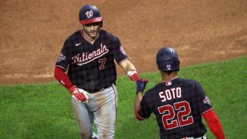 Trea Turner #7 of the Washington Nationals is congratulated by Juan Soto #22 after hitting a solo home run in the seventh inning during a game against the Philadelphia Phillies at Citizens Bank Park on August 31, 2020 in Philadelphia, Pennsylvania. The Phillies won 8-6. (Photo by Hunter Martin/Getty Images)