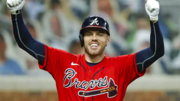 SEPTEMBER 04: Freddie Freeman #5 of the Atlanta Braves reacts after hitting a grand slam in the fourth inning of game two of an MLB doubleheader against the Washington Nationals at Truist Park on September 4, 2020 in Atlanta, Georgia. (Photo by Todd Kirkland/Getty Images)