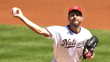 Max Scherzer #31 of the Washington Nationals pitches in the second inning during a game baseball game against the Atlanta Braves at Nationals Park on September 13, 2020 in Washington, DC. (Photo by Mitchell Layton/Getty Images)