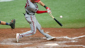 Trea Turner #7 of the Washington Nationals breaks his bat on a fly ball against the Tampa Bay Rays in the eighth inning of a baseball game at Tropicana Field on September 15, 2020 in St. Petersburg, Florida. (Photo by Mike Carlson/Getty Images)