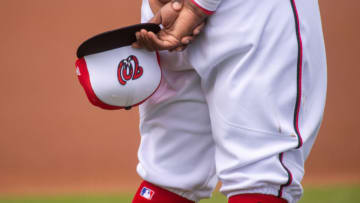 A detailed view of a Washington Nationals Spring Training hat before the Spring Training game against the Houston Astros at FITTEAM Ballpark on March 1, 2021 in West Palm Beach, Florida. (Photo by Eric Espada/Getty Images)