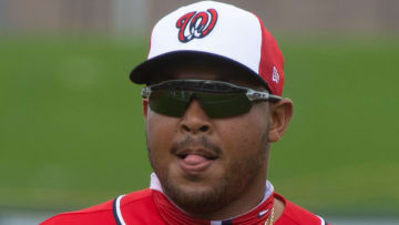 Yasmany Tomas #25 of the Washington Nationals warms up before the Spring Training game against the Houston Astros at FITTEAM Ballpark on March 1, 2021 in West Palm Beach, Florida. (Photo by Eric Espada/Getty Images)