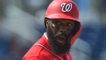 Josh Harrison #5 of the Washington Nationals in action during the Spring Training game against the Houston Astros at FITTEAM Ballpark on March 1, 2021 in West Palm Beach, Florida. (Photo by Eric Espada/Getty Images)