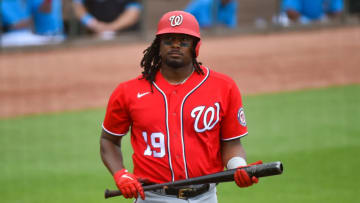 JUPITER, FL - MARCH 06: Josh Bell #19 of the Washington Nationals walks back to the dugout after striking out for the second time during the Spring Training game against the Miami Marlins at Roger Dean Chevrolet Stadium on March 6, 2021 in Jupiter, Florida. (Photo by Eric Espada/Getty Images)