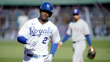 Michael A. Taylor #2 of the Kansas City Royals rounds the bases on his solo home run in the third inning against the Texas Rangers on Opening Day at Kauffman Stadium on April 1, 2021 in Kansas City, Missouri. (Photo by Ed Zurga/Getty Images)