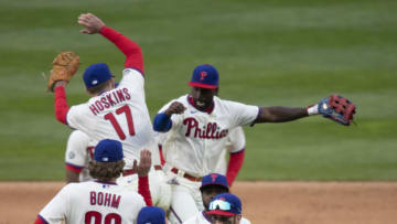 The Philadelphia Phillies celebrate their win against the Atlanta Braves at Citizens Bank Park on April 3, 2021 in Philadelphia, Pennsylvania. The Phillies defeated the Braves 4-0. (Photo by Mitchell Leff/Getty Images)