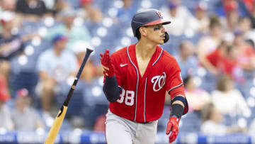 Tres Barrera #38 of the Washington Nationals hits an RBI double in the top of the first inning against the Philadelphia Phillies during Game Two of the doubleheader at Citizens Bank Park on July 29, 2021 in Philadelphia, Pennsylvania. (Photo by Mitchell Leff/Getty Images)