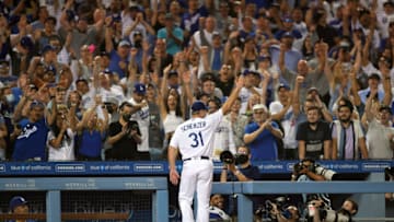 Starting pitcher Max Scherzer #31 of the Los Angeles Dodgers gets a curtain call after pitching seven innings in his Dodger debut at Dodger Stadium on August 4, 2021 in Los Angeles, California. (Photo by Kevork Djansezian/Getty Images)