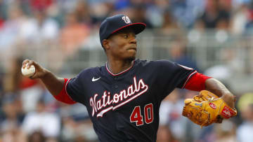 ATLANTA, GA - AUGUST 07: Josiah Gray #40 of the Washington Nationals pitches in the first inning of an MLB game against the Atlanta Braves at Truist Park on August 7, 2021 in Atlanta, Georgia. (Photo by Todd Kirkland/Getty Images)