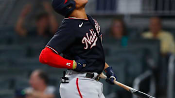 Juan Soto #22 of the Washington Nationals reacts after being hit by a pitch in the ninth inning of an MLB game against the Atlanta Braves at Truist Park on September 7, 2021 in Atlanta, Georgia. (Photo by Todd Kirkland/Getty Images)