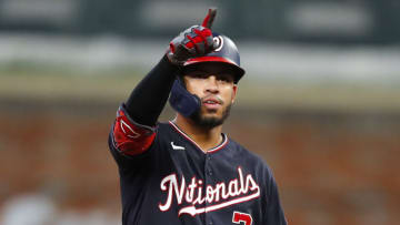 ATLANTA, GA - SEPTEMBER 08: Luis Garcia #2 of the Washington Nationals reacts after hitting a ground rule double scoring a run in the eighth inning of an MLB game against the Atlanta Braves at Truist Park on September 8, 2021 in Atlanta, Georgia. (Photo by Todd Kirkland/Getty Images)